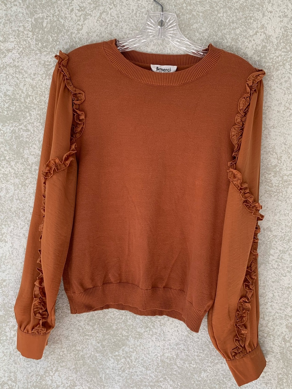 &Merci Ruffle-Trim Crewneck Sweatshirt Rust Medium Girly Coquette  Cozy Chic